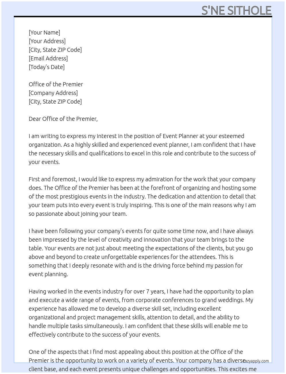 EVENT PLANNER At OFFICE OF THE PREMIER Cover Letter