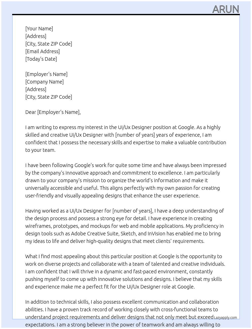 Ui/Ux Designer At googlr Cover Letter