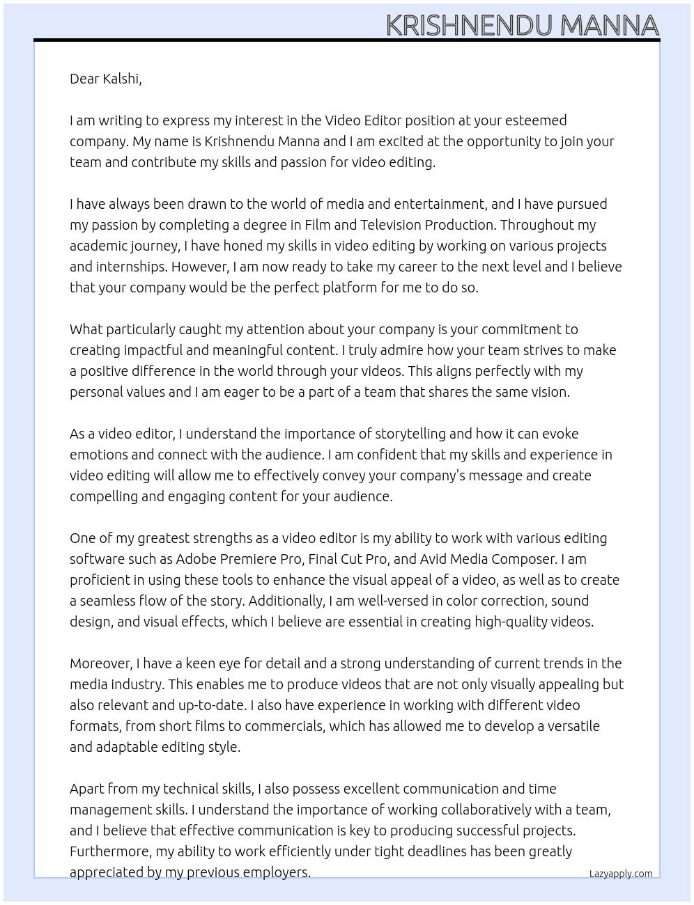 Video editor At Kalshi Cover Letter