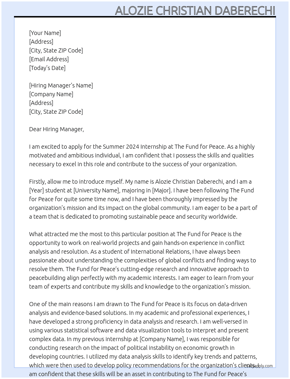 The Fund for Peace - Summer 2024 Internship At The Fund for Peace  Cover Letter