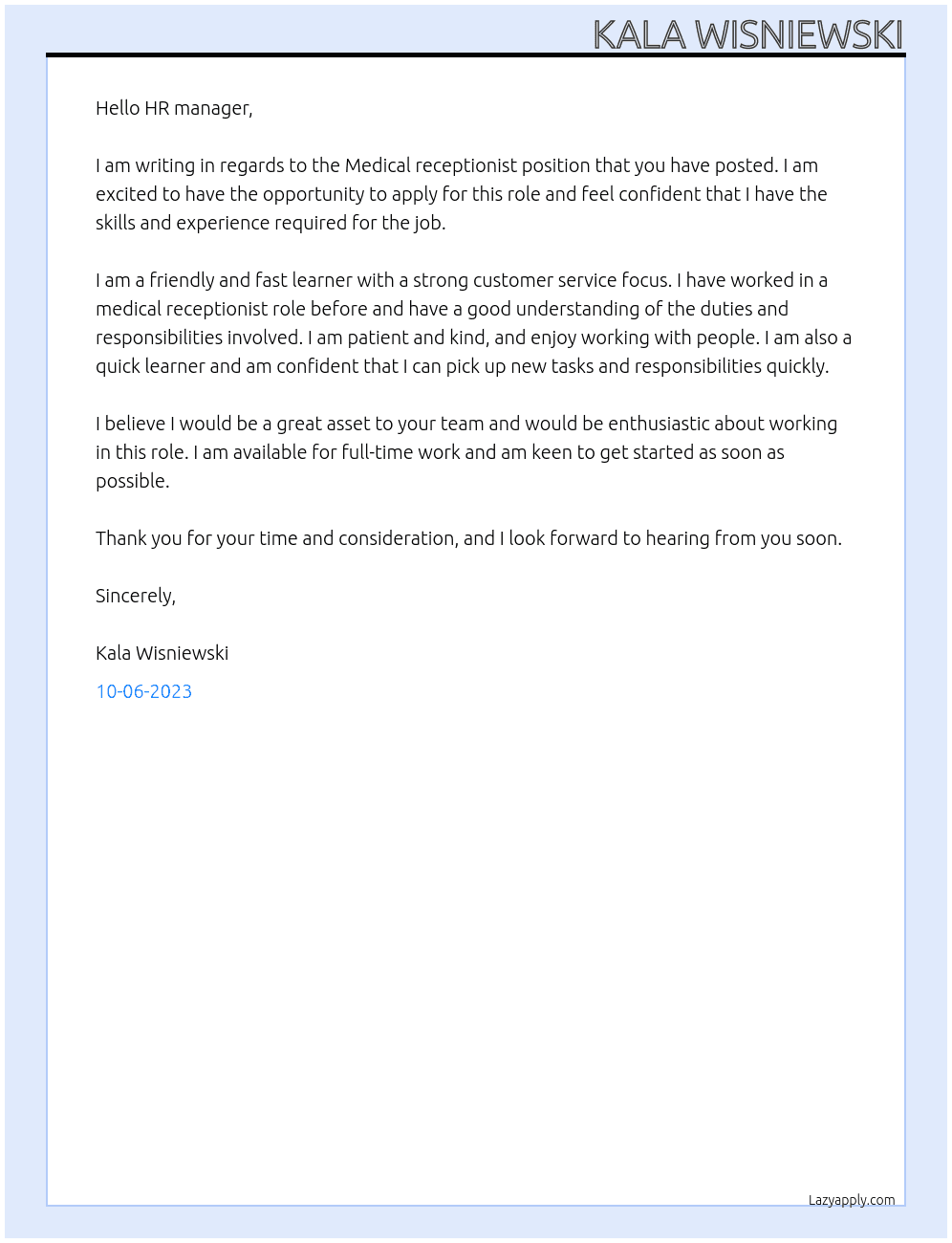 Medical receptionist  At Otolaryngology Plastic Surgery Associates Cover Letter