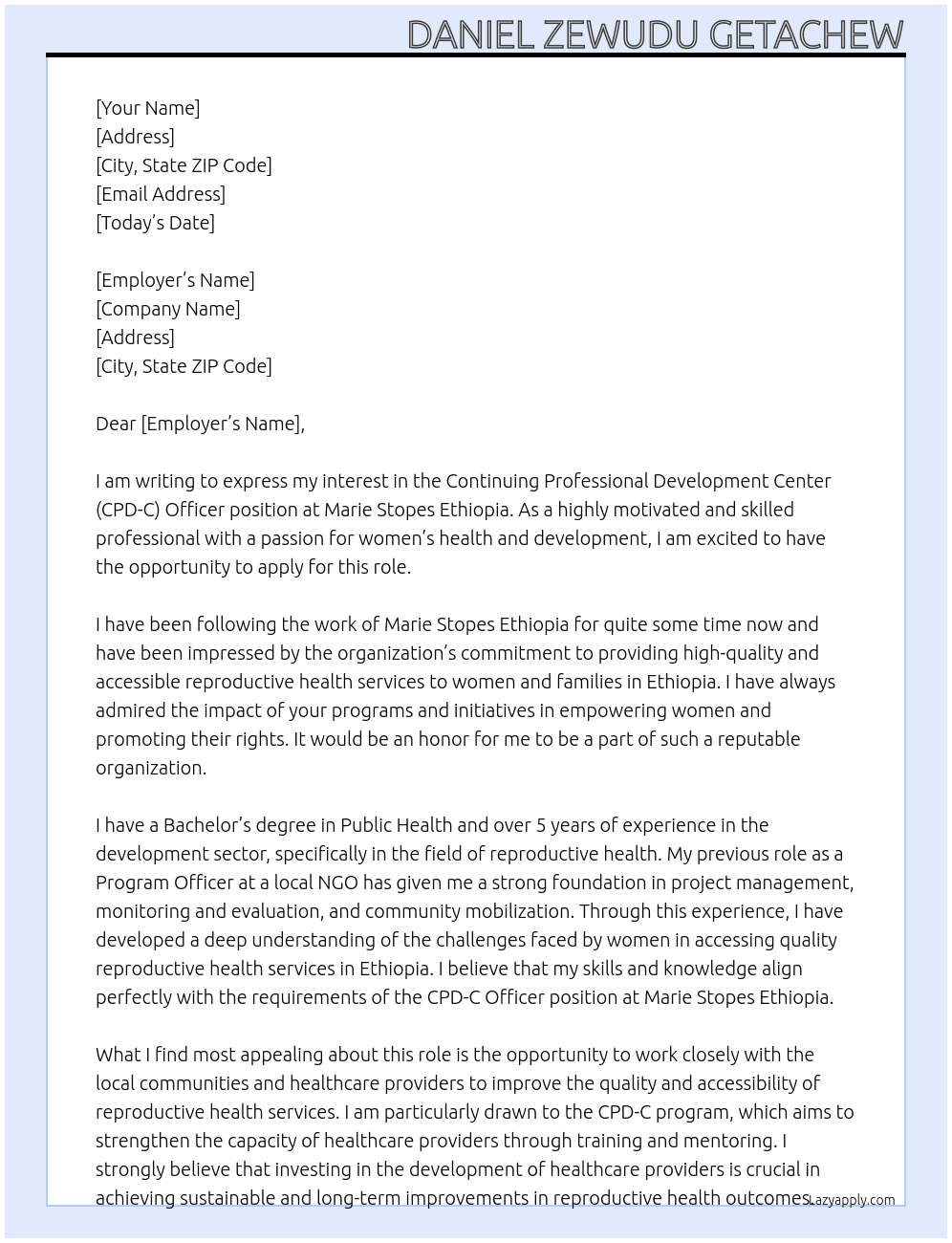Continuing Professional Development Center (CPD-C) Officer At Marie stopes ethiopia Cover Letter