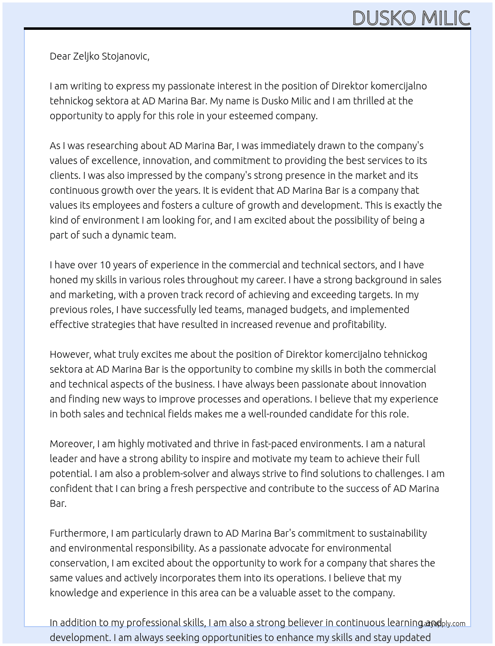Direktor komercijalno tehnickog sektora At AD Marina Bar Cover Letter