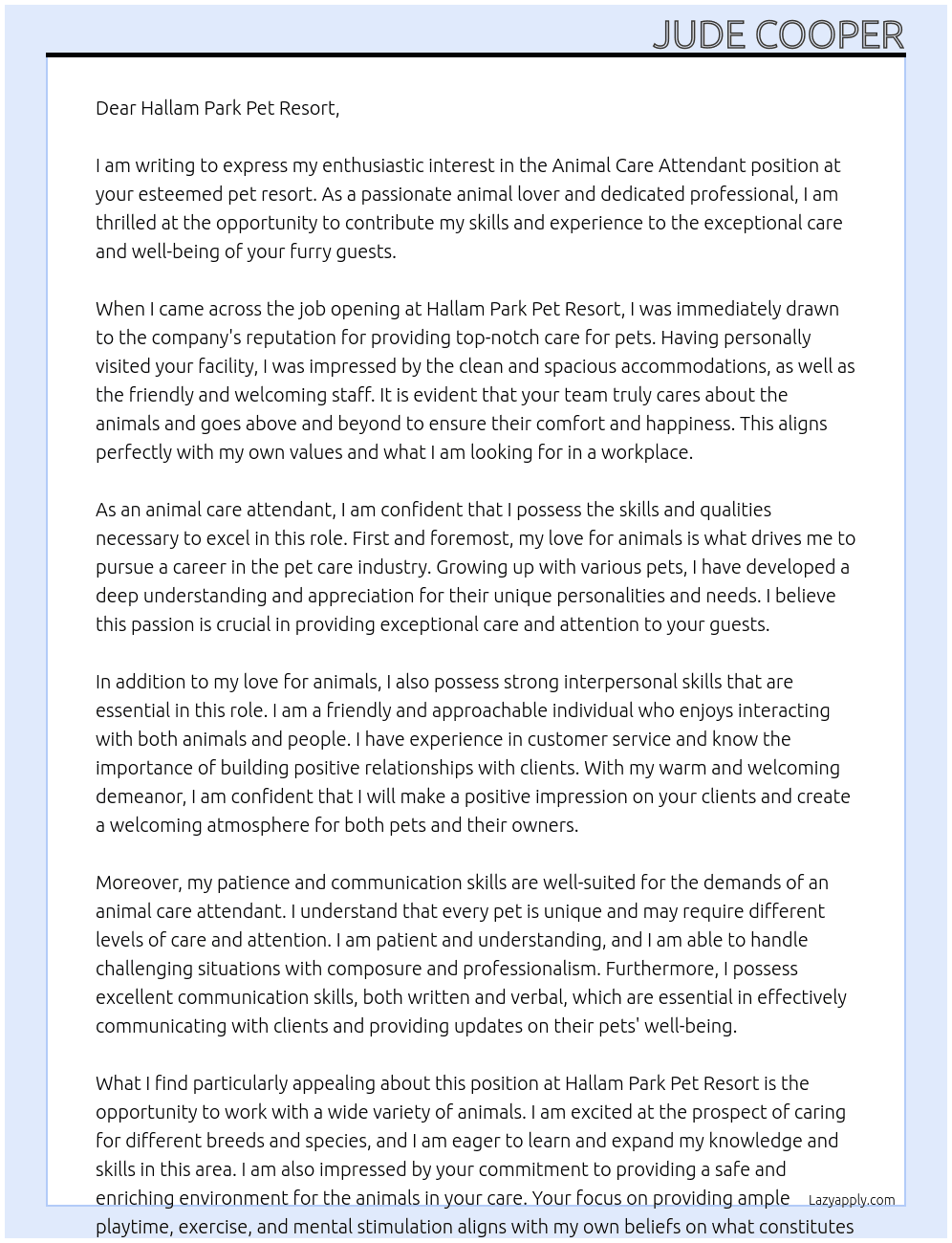 Animal care attendant At Hallam Park Pet Resort Cover Letter