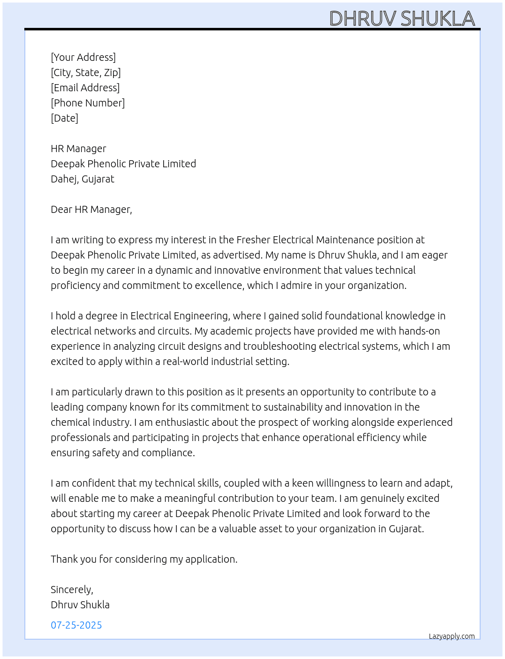 Fresher Electrical maintenance Department  At Deepak phenolic private limited,dahej Gujarat  Cover Letter