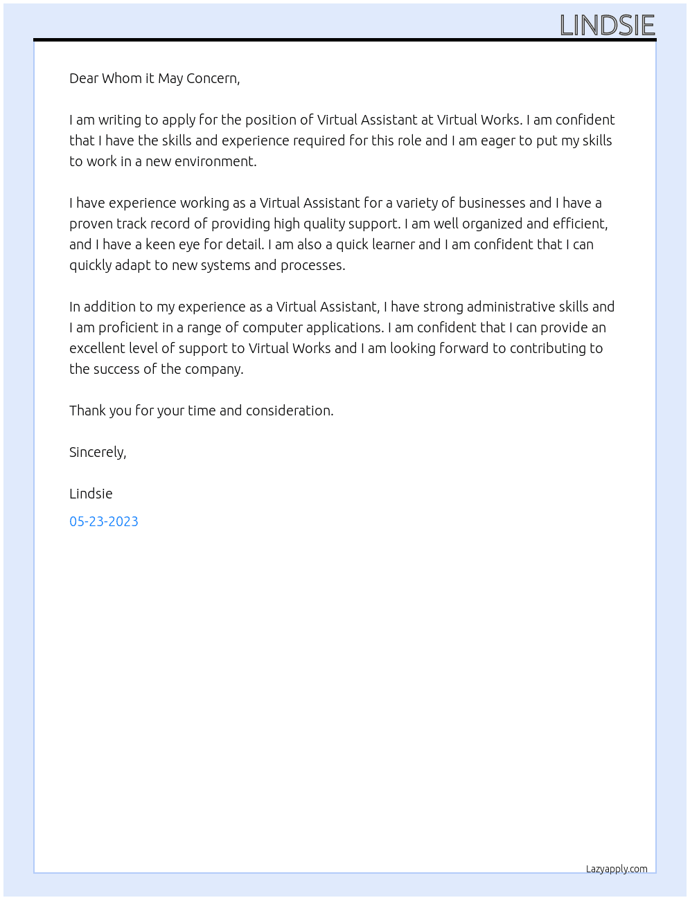 Virtual Assistant At Virtual Works Cover Letter