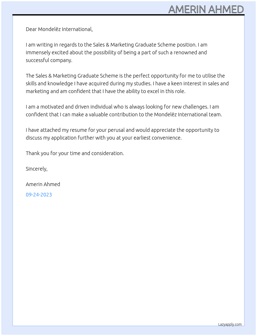Sales & Marketing Graduate Scheme  At Mondelēz International Cover Letter