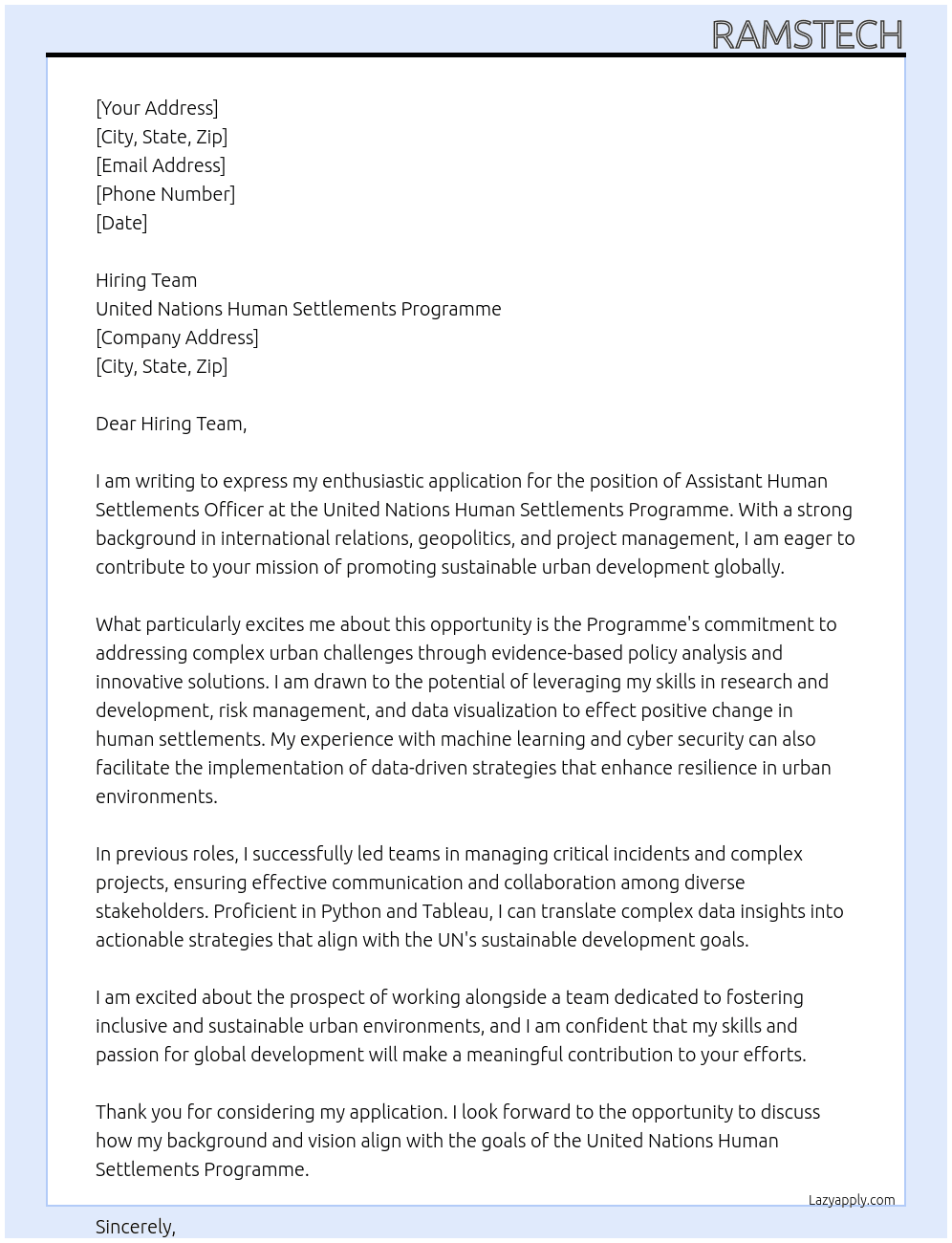 Assistant Human Settlements Officer  At United Nations Human Settlements Programme  Cover Letter