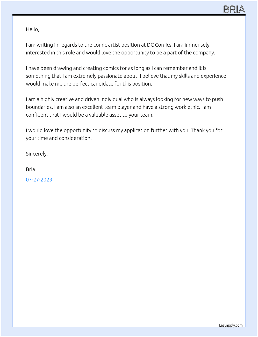 comic artist At dc comics Cover Letter