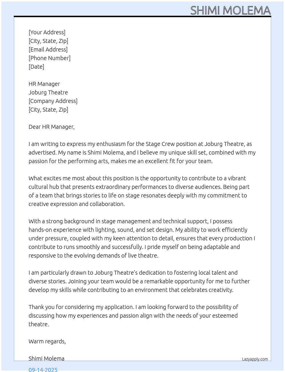 Stage Crew At Joburg Theatre  Cover Letter