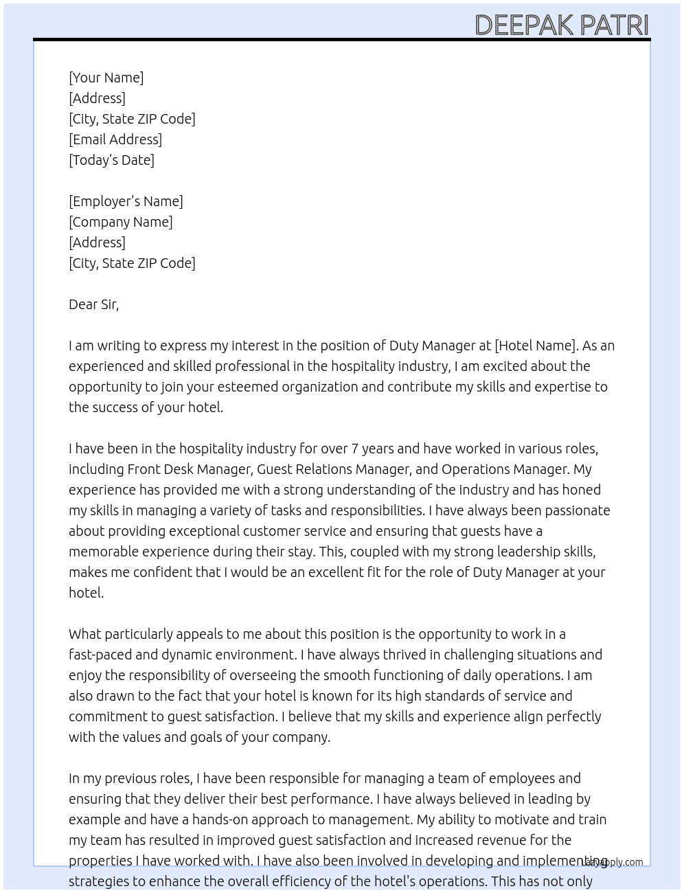 duty manager At hotel Cover Letter