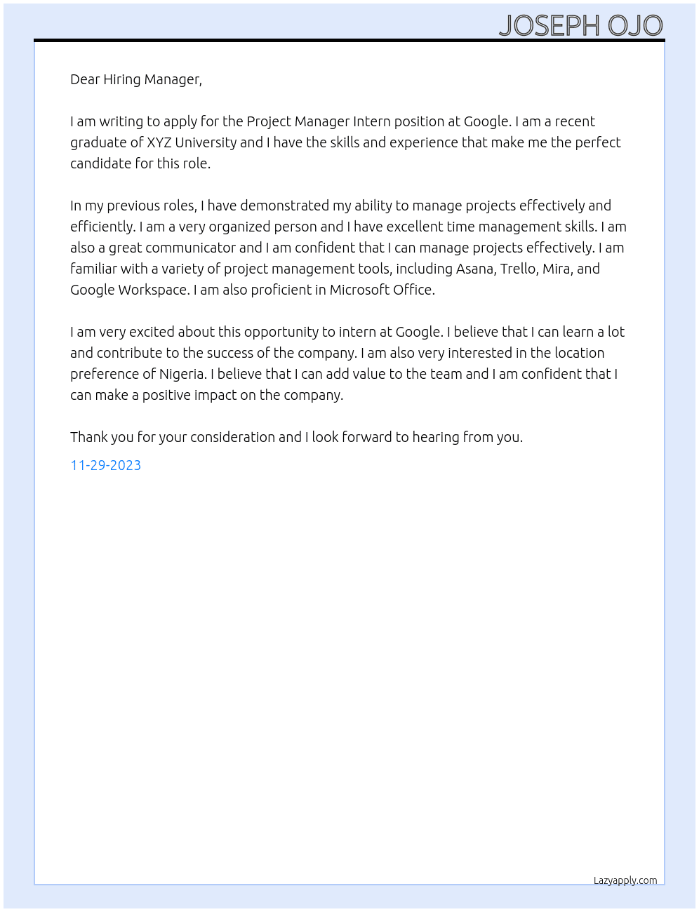 Project manager intern At Google Cover Letter