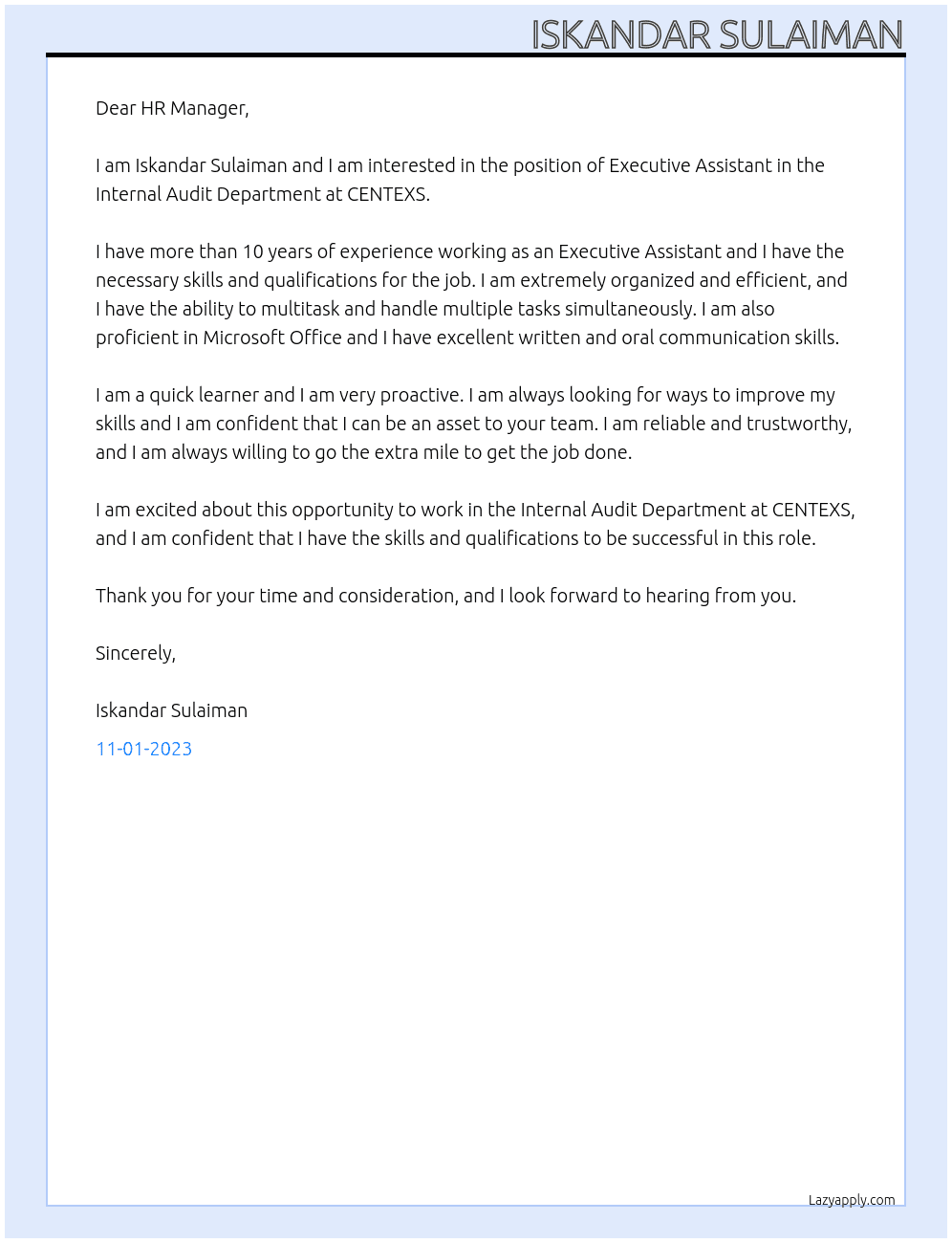 Executive Assistant, Internal Audit Department At CENTEXS Cover Letter