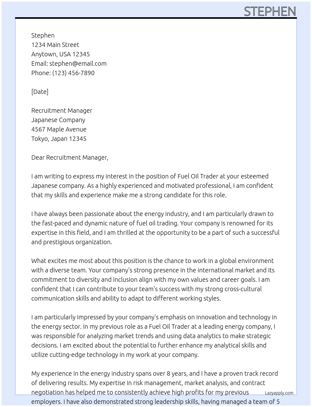 Fuel Oil trader At Japanese company Cover Letter