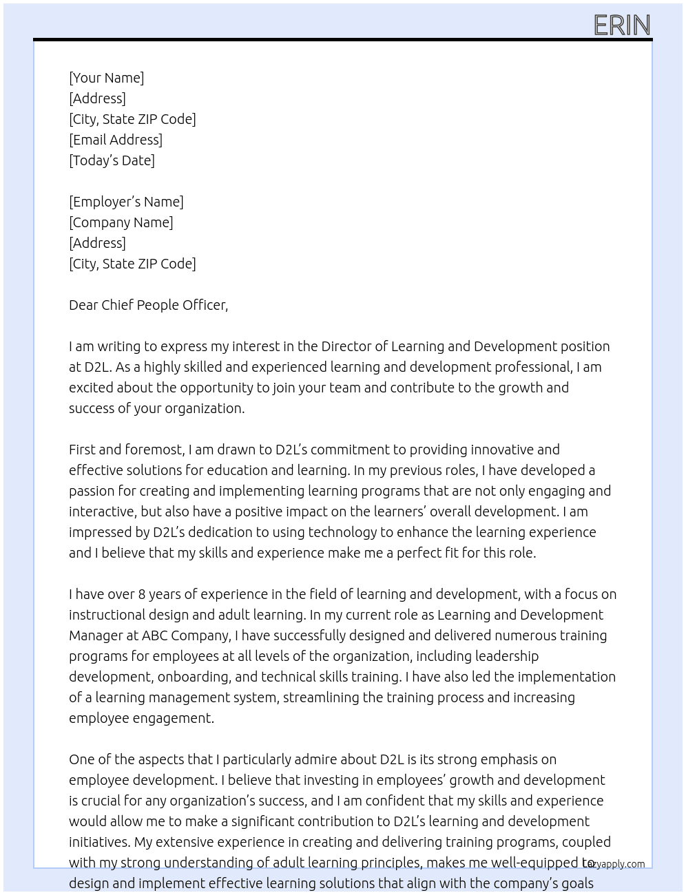 Director, Learning and Development At D2L Cover Letter