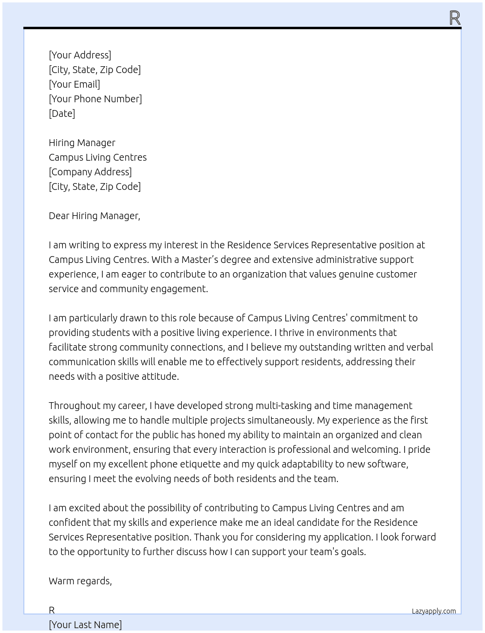 Cover letter for residence services representative - LazyApply
