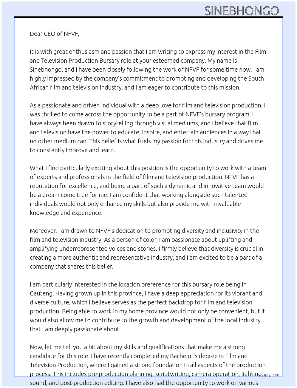 Film and Television production bursary At NFVF Cover Letter