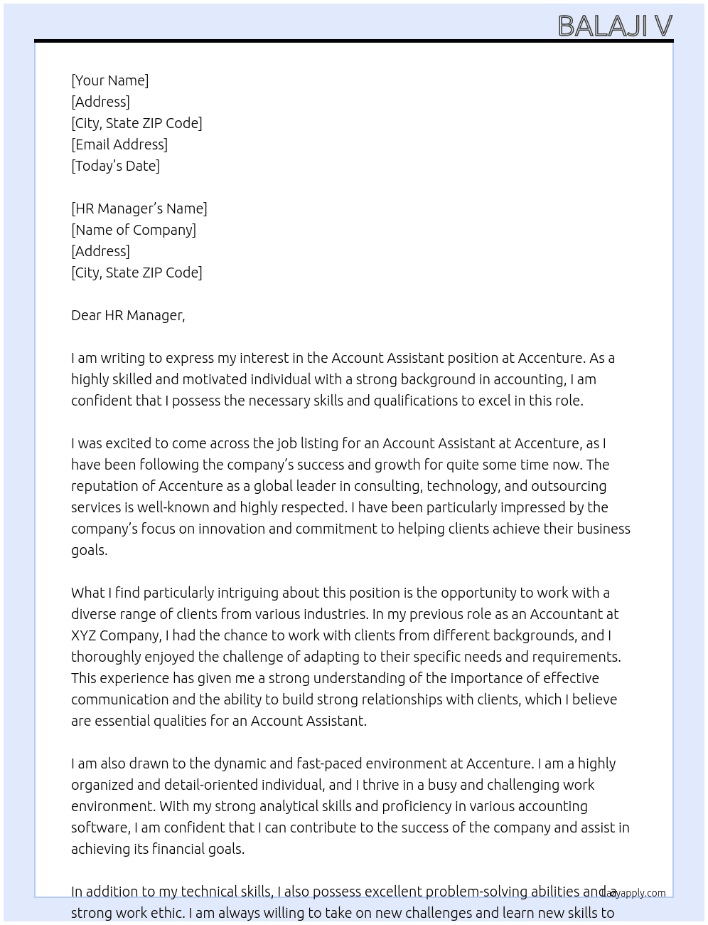 account assistant At ACCENTURE Cover Letter