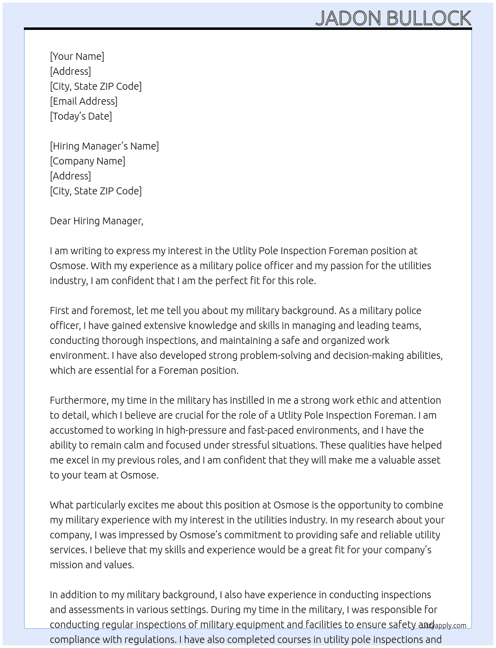 Utlity Pole Inspection Foreman At Osmose Cover Letter
