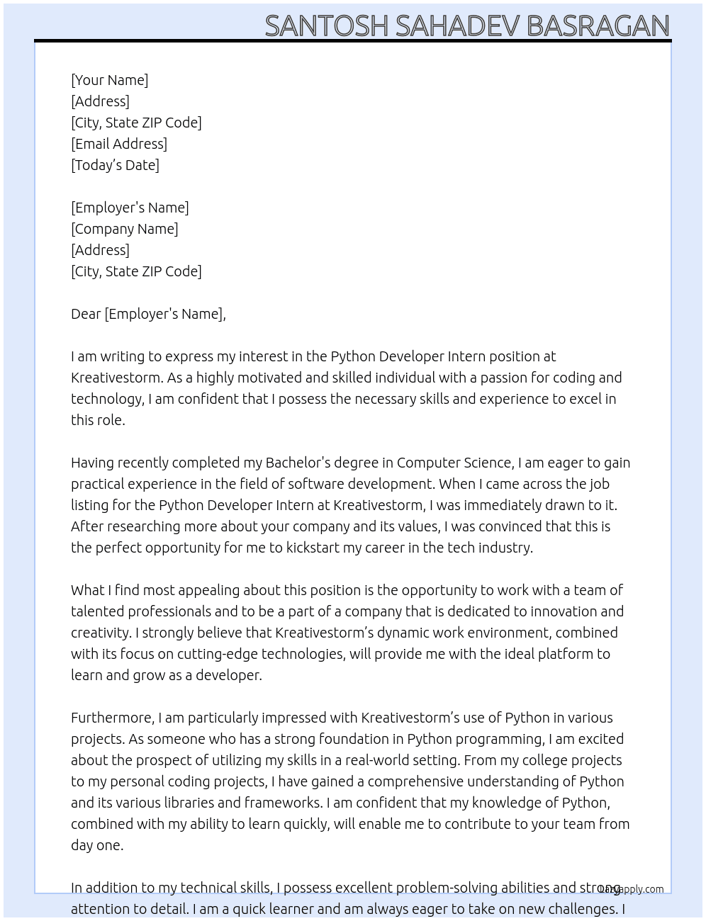 Python Developer Intern At Kreativestorm Cover Letter