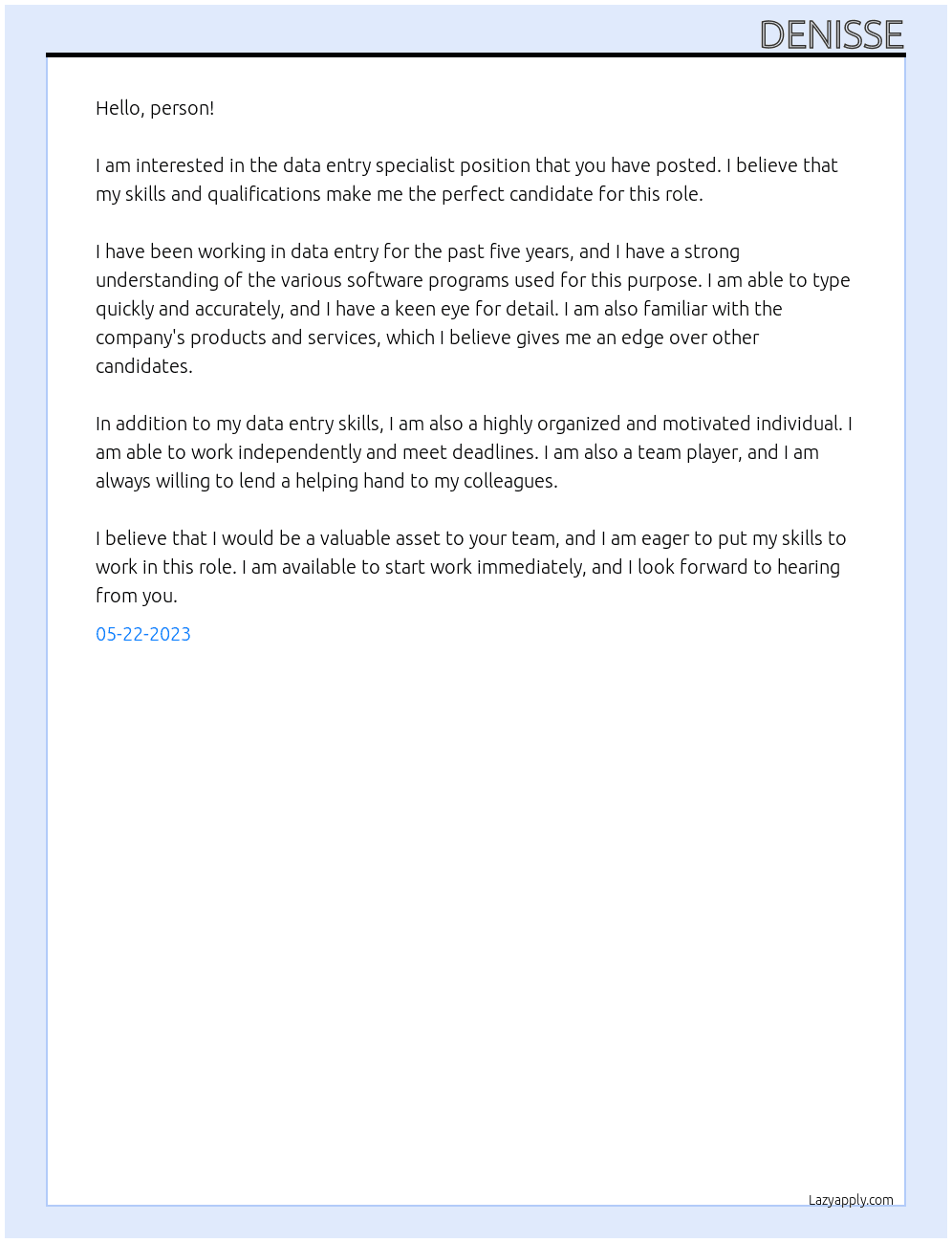 data entry specialist At person Cover Letter