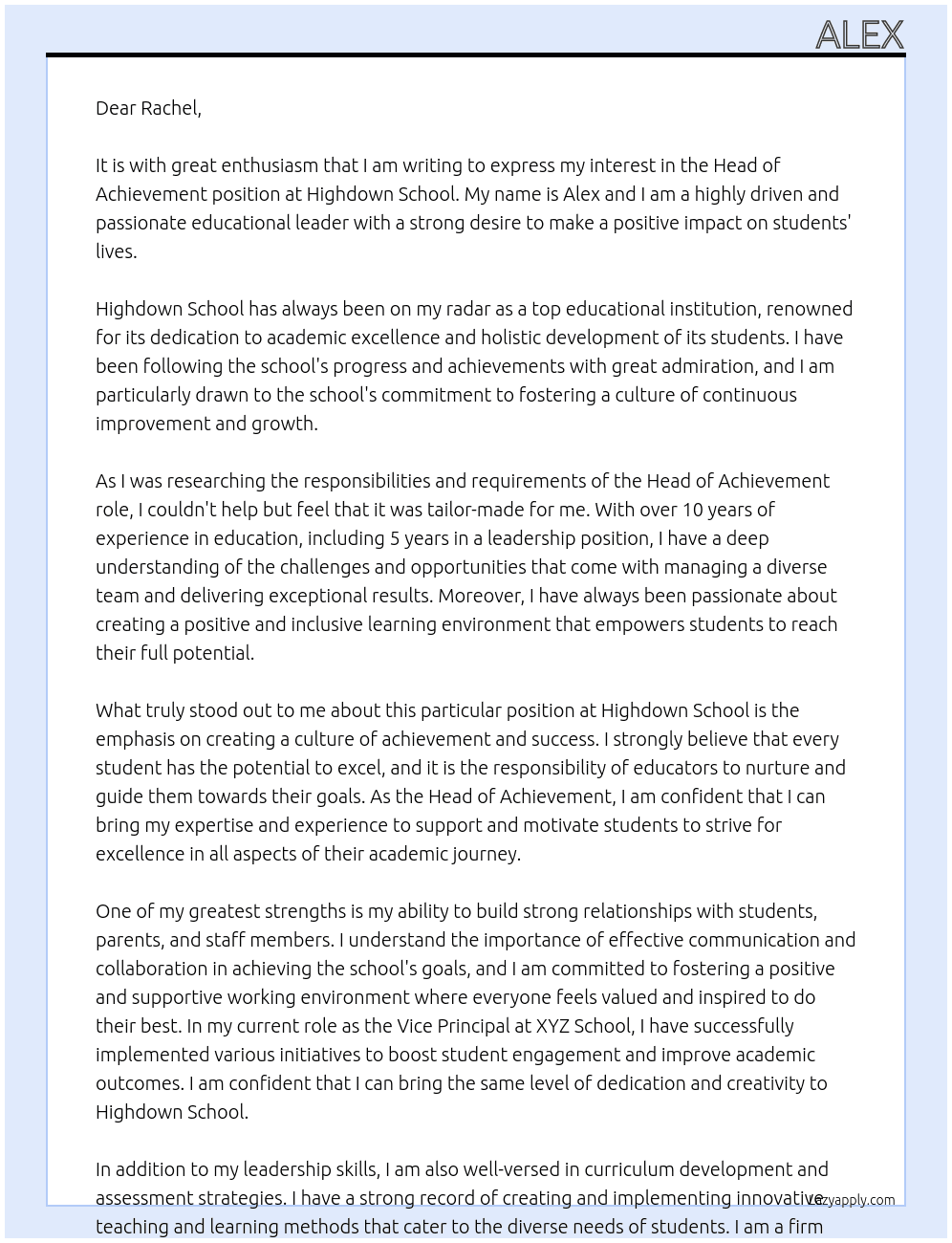 Head of Achievement At Highdown School  Cover Letter