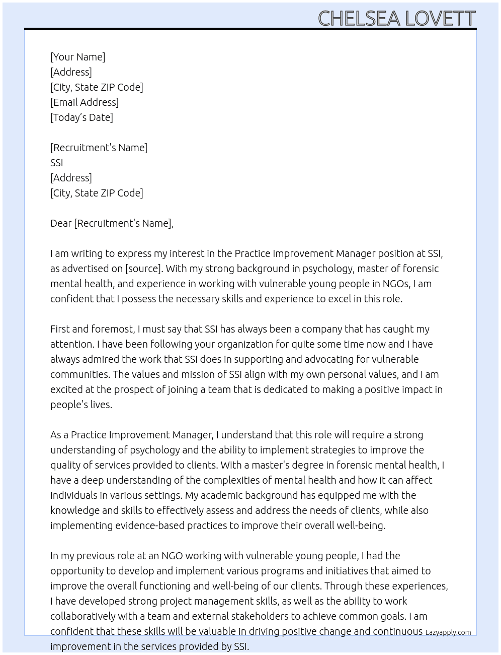Practice Improvement Manager At SSI Cover Letter