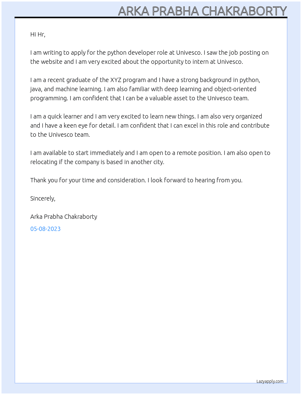 python developer  At Univesco Cover Letter