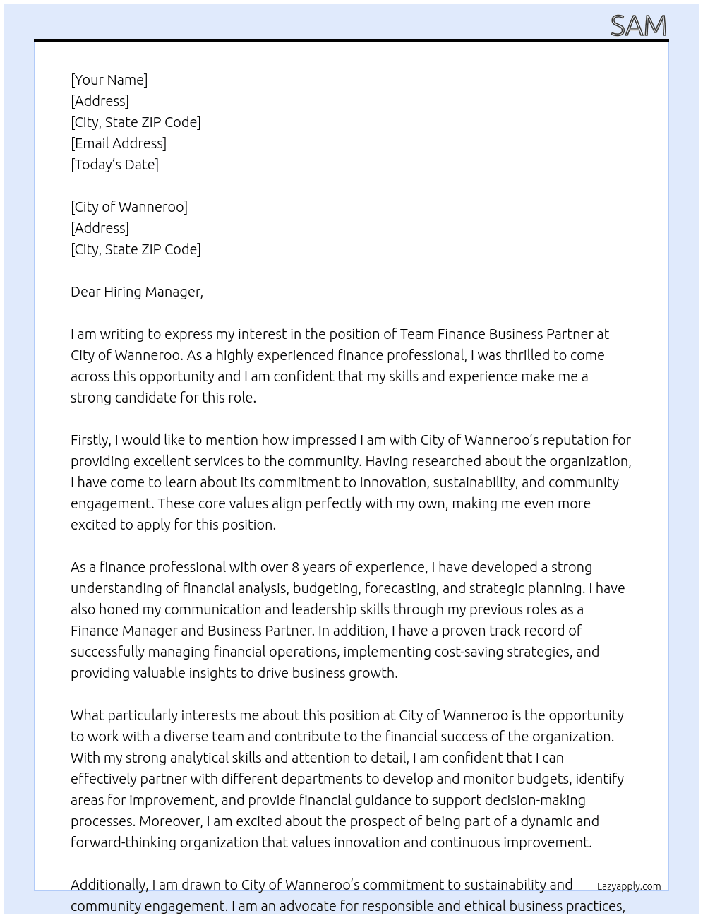 Team Finance Business Partner At City of Wanneroo Cover Letter