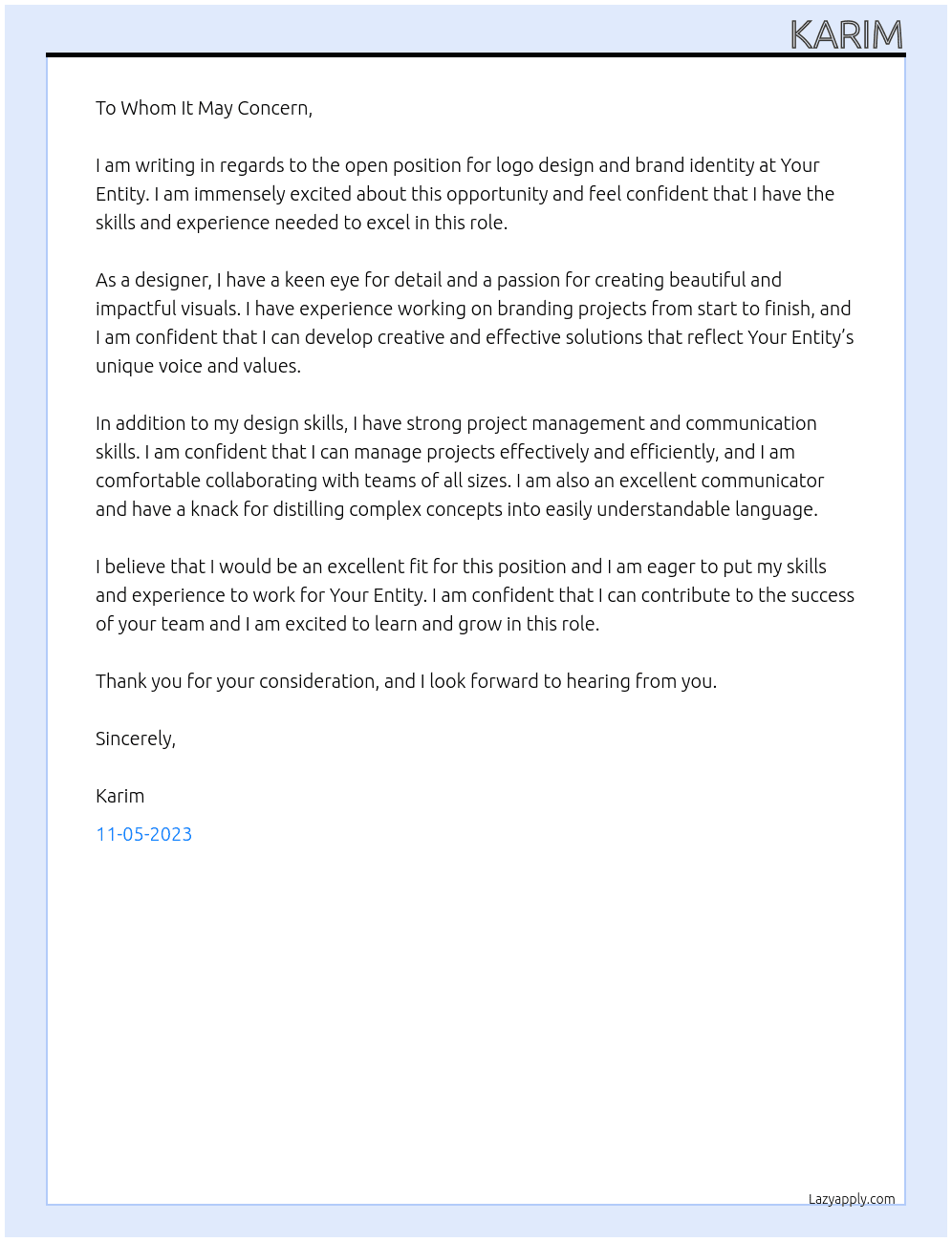 Logo design and brand Identity At Your Entity Cover Letter