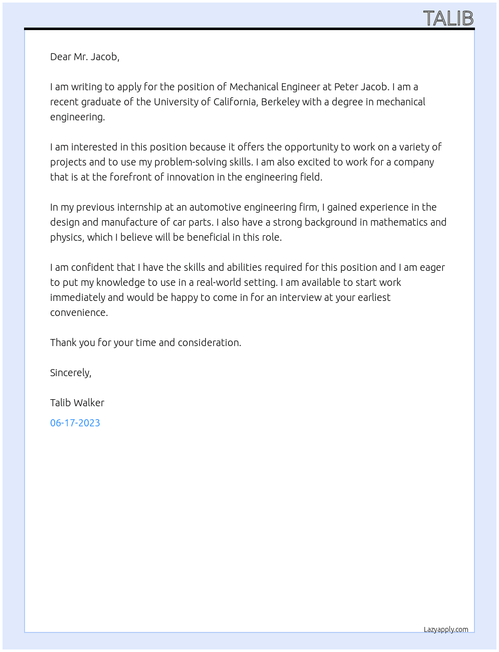 Mechanical Engineer At Peter Jacob Cover Letter