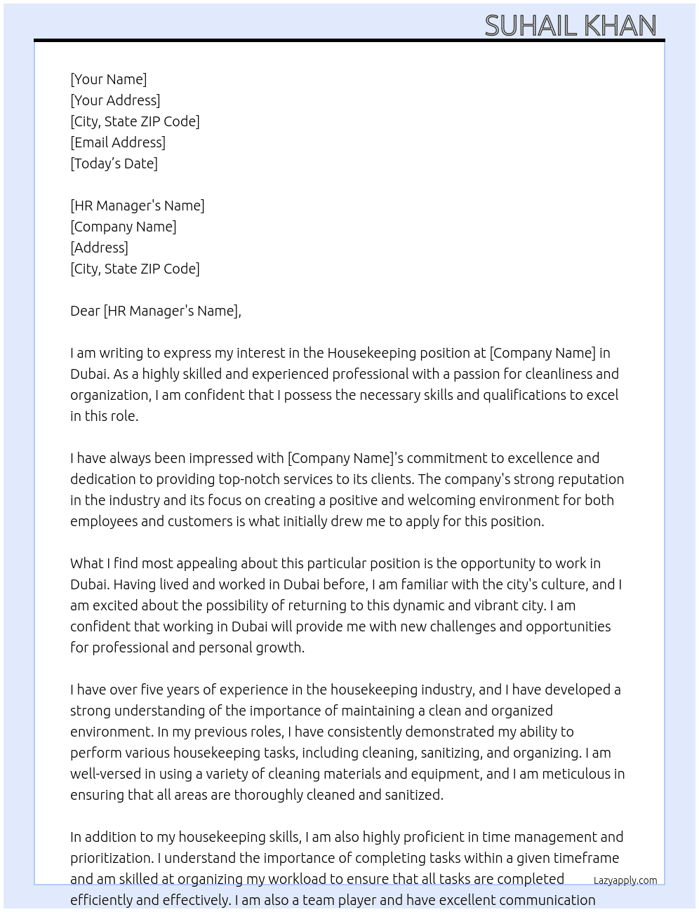 House keeping  At Dubai  Cover Letter