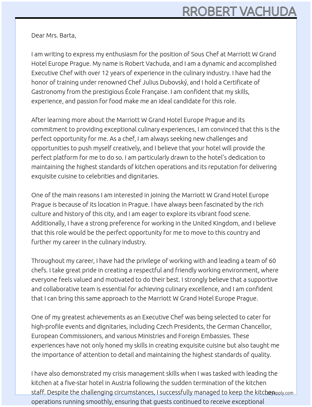 Sous Chef At Marriott W Grand Hotel Europe Prague Cover Letter