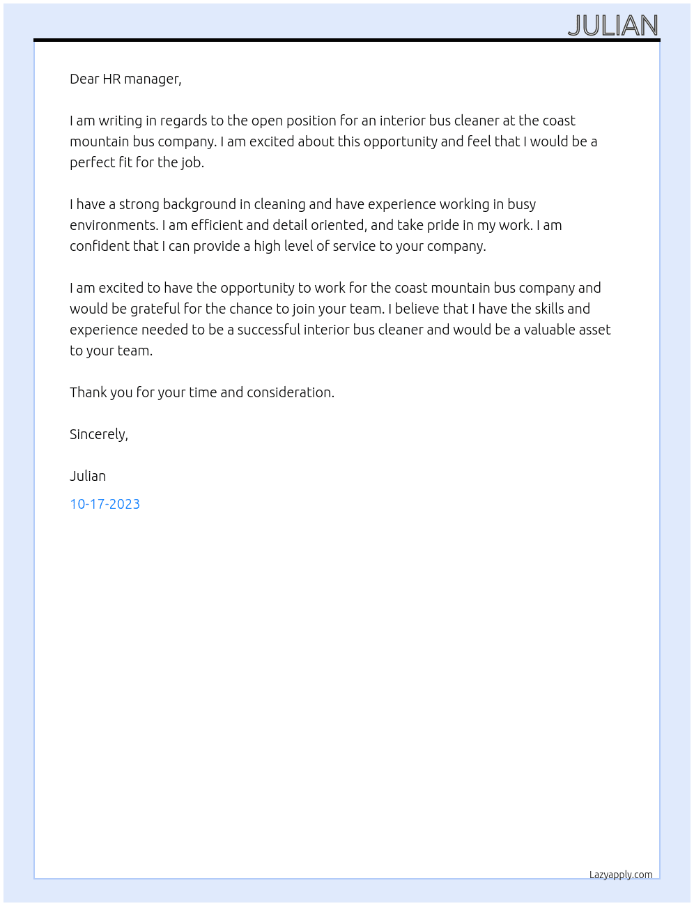 interior bus cleaner At coast mountain bus company Cover Letter