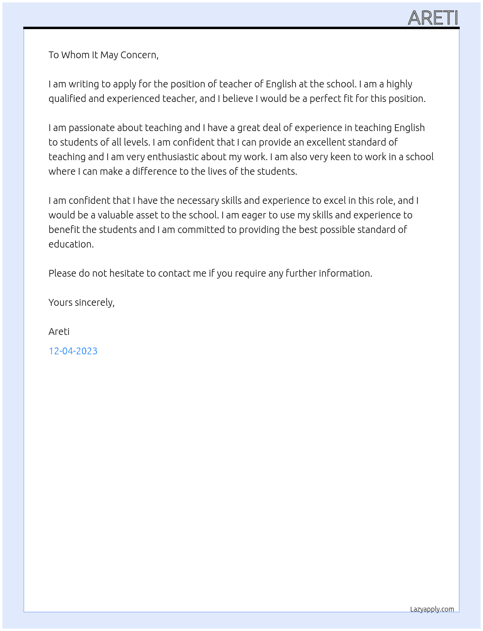 teacher of english At schools Cover Letter