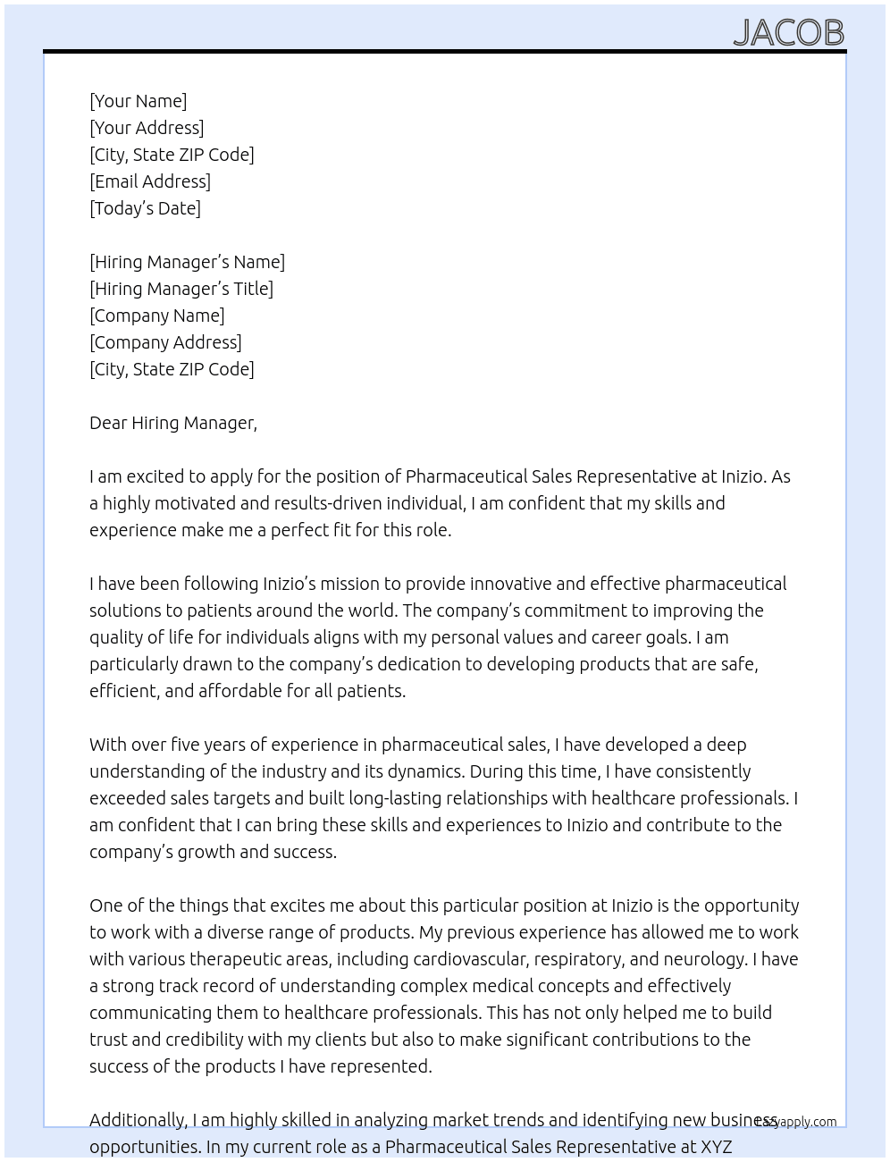 Pharmaceutical Sales Representative At Inizio Cover Letter