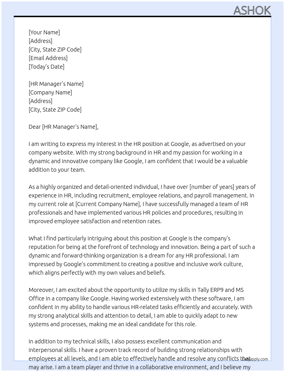 HR At Google  Cover Letter