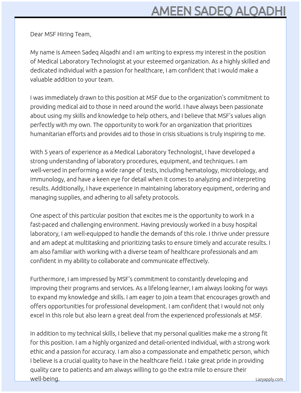 Medical laboratory technologist At MSF Cover Letter