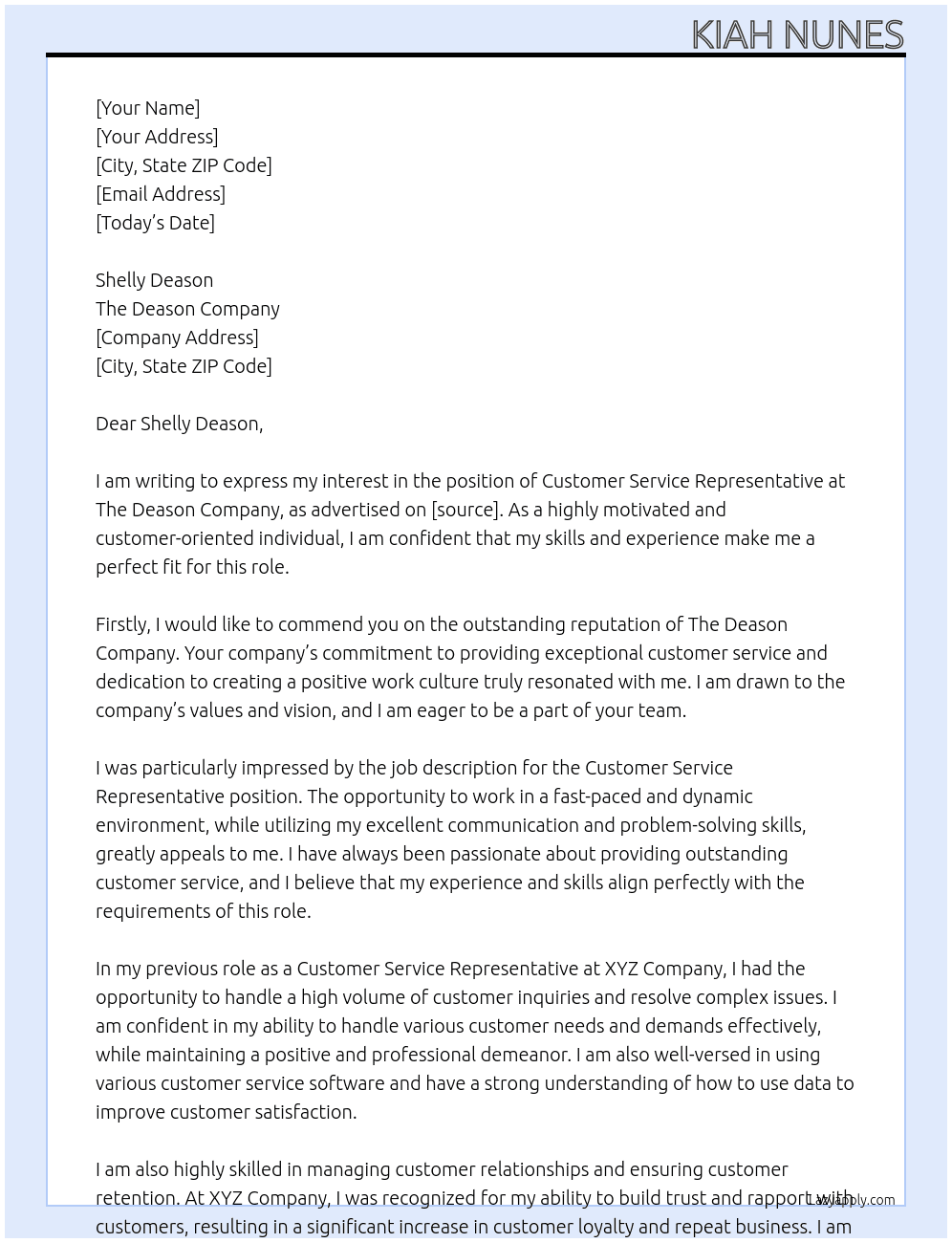 Customer Service Representative  At The Deason Company Cover Letter