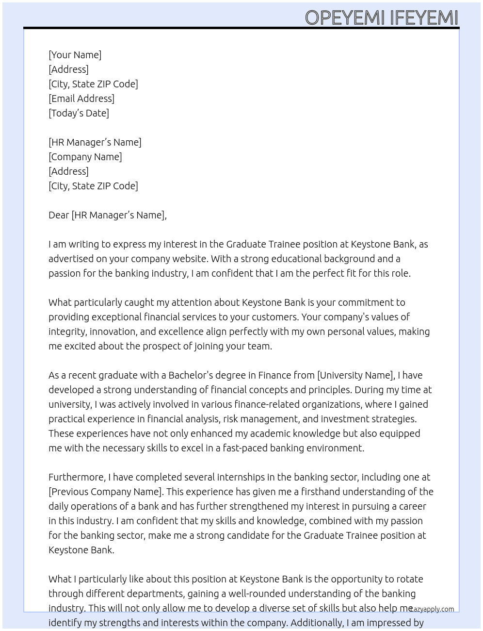 Graduate Trainee At Keystone bank Cover Letter