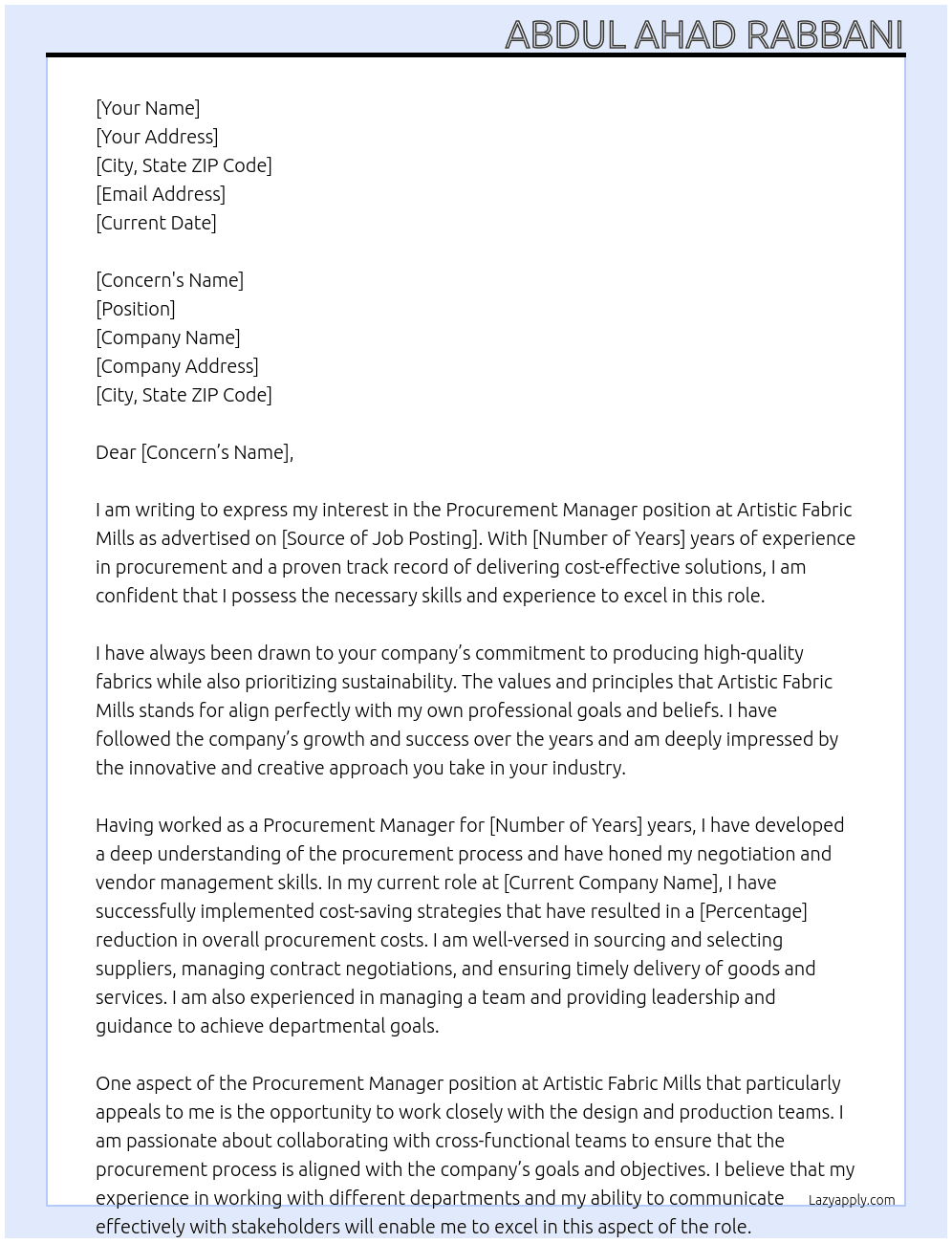 Procurement Manager At Artistic Fabric Mills Cover Letter