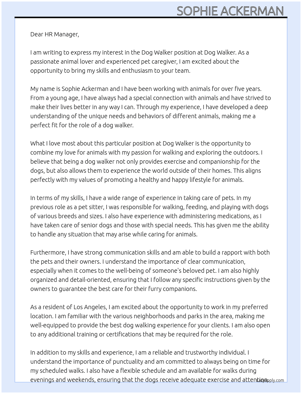 dog walker At dog walker Cover Letter