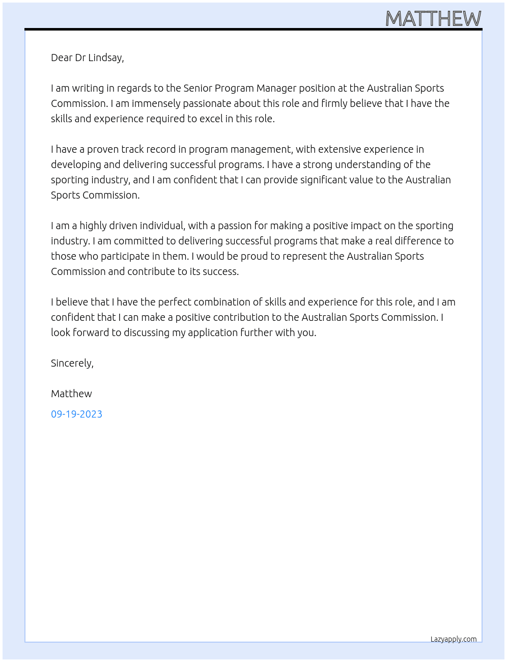 Senior Program Manager At Australian Sports Commission Cover Letter
