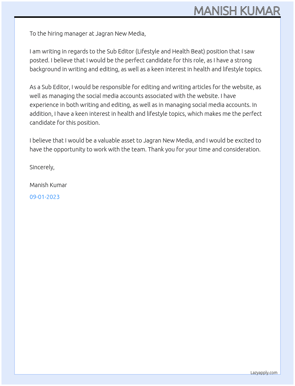 Sub Editor (Lifestyle and Health Beat) At Jagran New Media Cover Letter