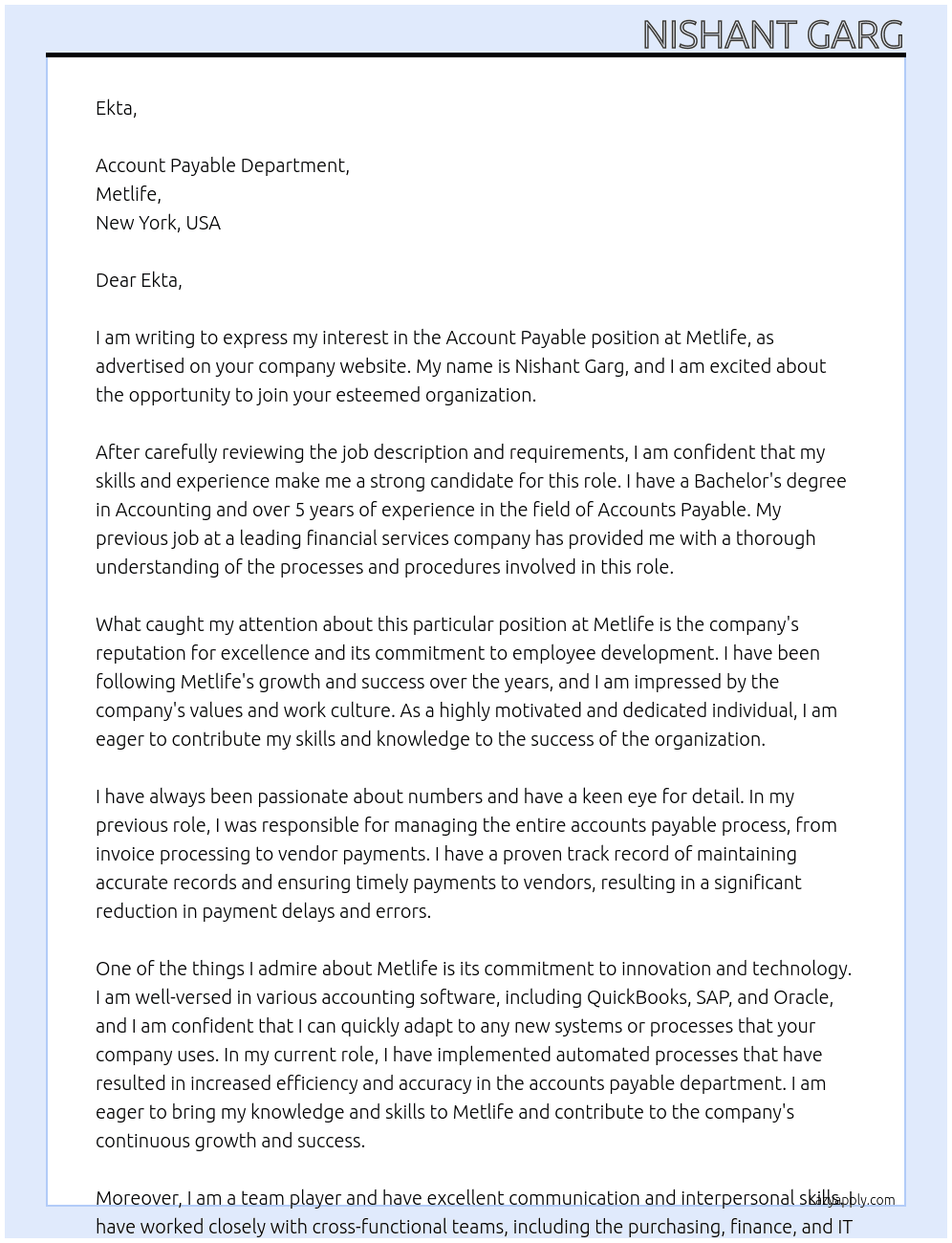Account Payable At Metlife Cover Letter