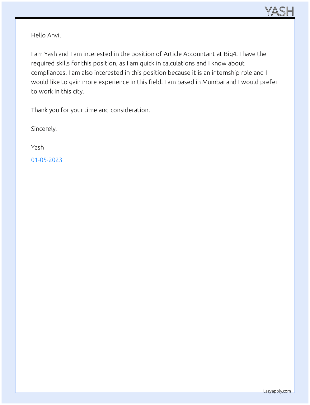 Article Accountant  At Big4 Cover Letter