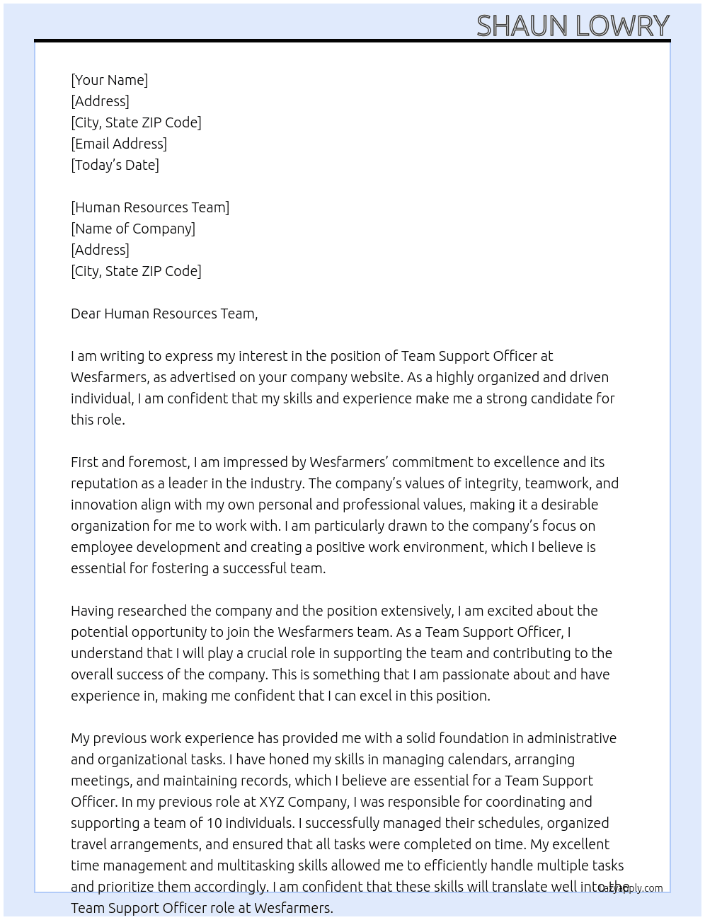 Team Support Officer At Wesfarmers Cover Letter
