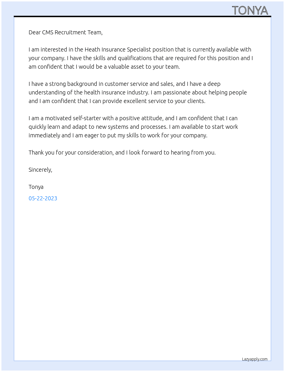 heath Insurance specialist  At CMS Cover Letter