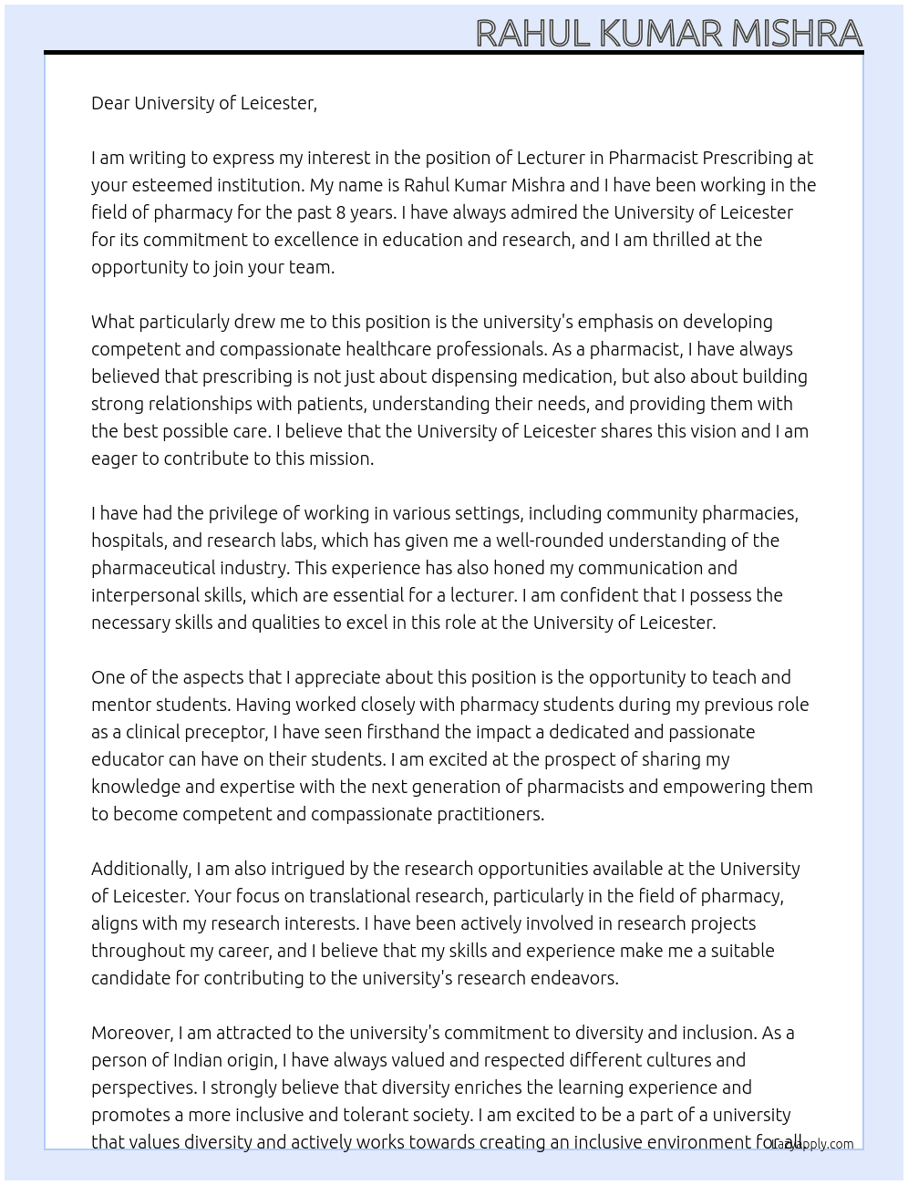 Lecturer in pharmacist prescribing  At University of Leicester  Cover Letter