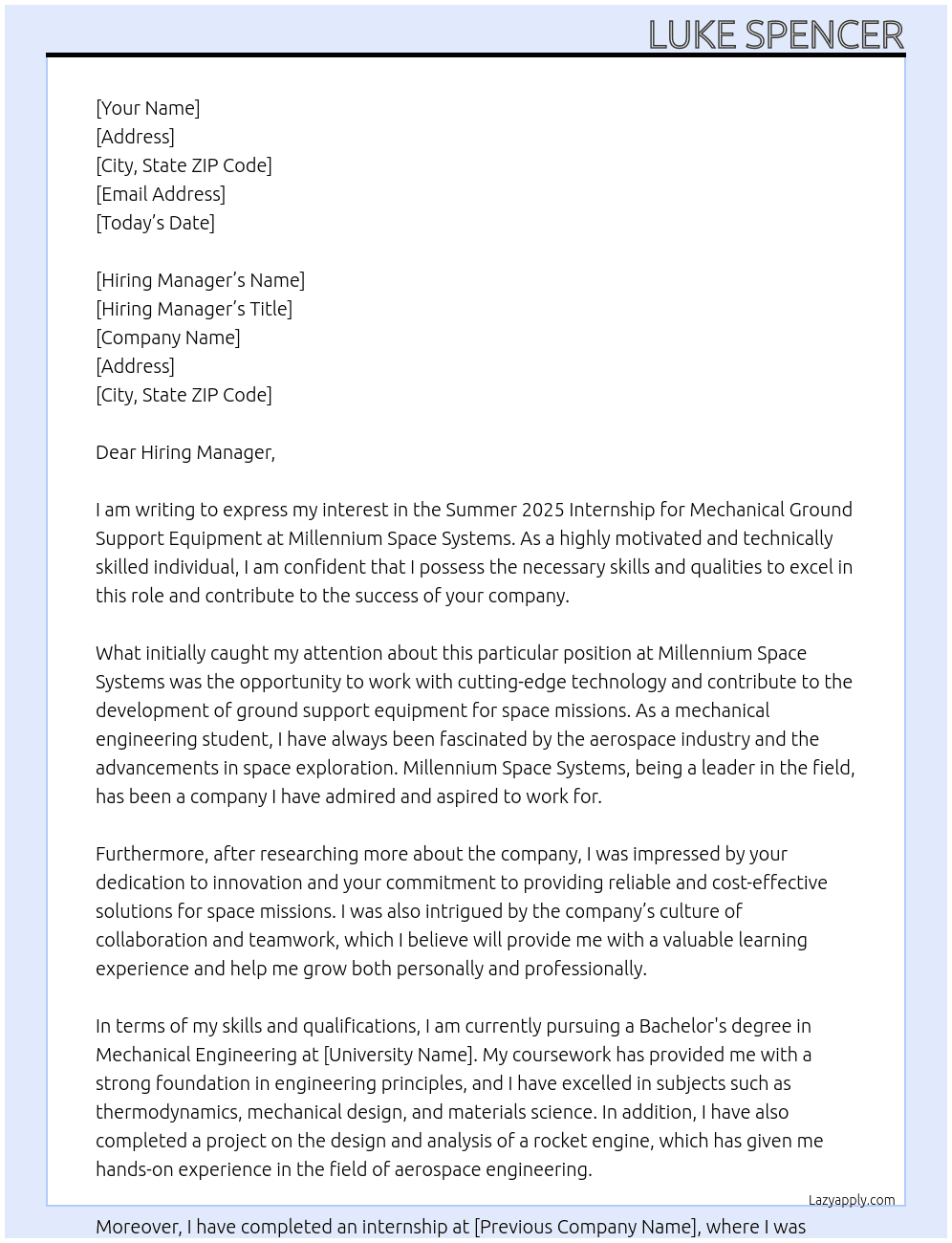 Summer 2025 Internship - Mechanical Ground Support Equipment  At Millennium Space Systems Cover Letter